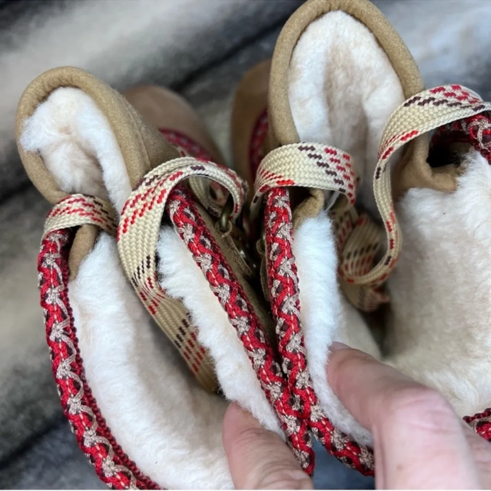 UGG Tan Suede Winter Boots with Red Trim